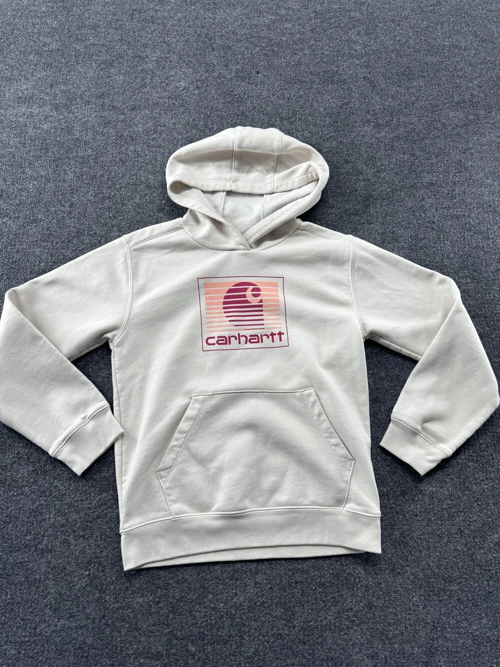 Carhartt Hoodie Sweatshirt Kids 12 White Fleece Graphic Pullover Kangaroo Pocket